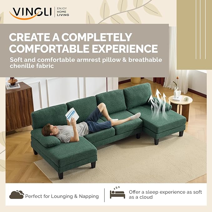 VINGLI 110' U-Shaped Sectional Couch with Two Chaise Affordable Small Sofa with 4 Seats Chenille Fabric Comfy Couches for Living Room Dark Green