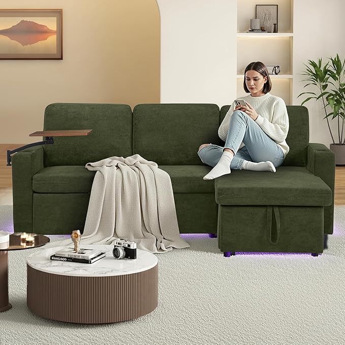 LED Sectional Sleeper Sofa with Pull Out Bed Convertible L Shaped Sofa with Storage Chaise Lounge Retractable Table USB Cup Holders Comfy 3-Seater Sleeper Couch for Living Room (Green)