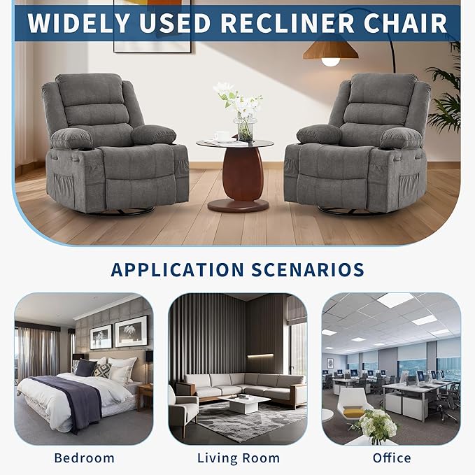 360° Swivel Recliner Chair for Adult Linen Rocker Chair with 3 Positions/2 Side Pockets/Cup Holders Manual Nursery Glider Rocking Chair for Bedroom Living Room Office