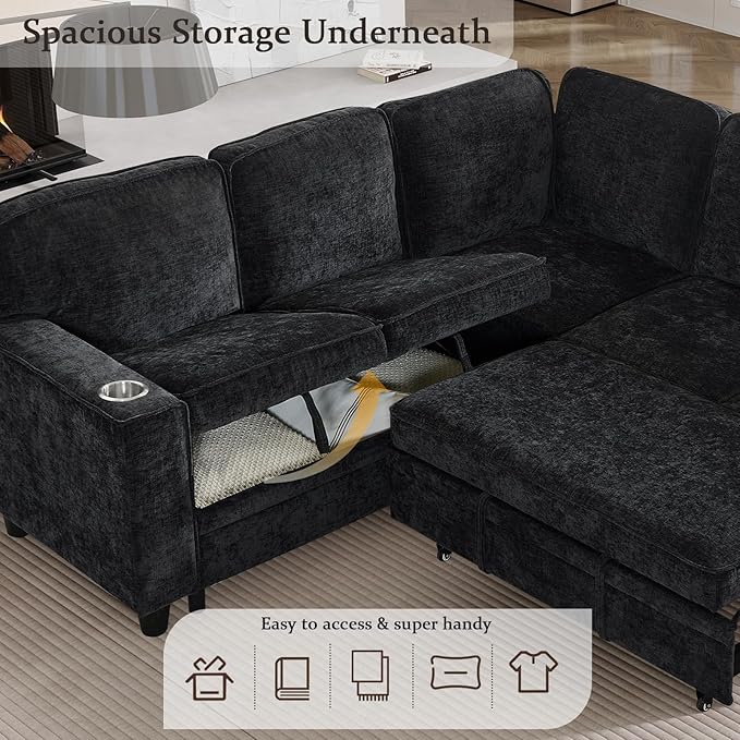 L-Shaped Sofa with Pull Out Sofa Bed Sleeper Sofa Couch Bed with Storage Seat 5 Seat Sectional Sofa with USB and Cup Holder for Living Room Apartment (Black-2.11)