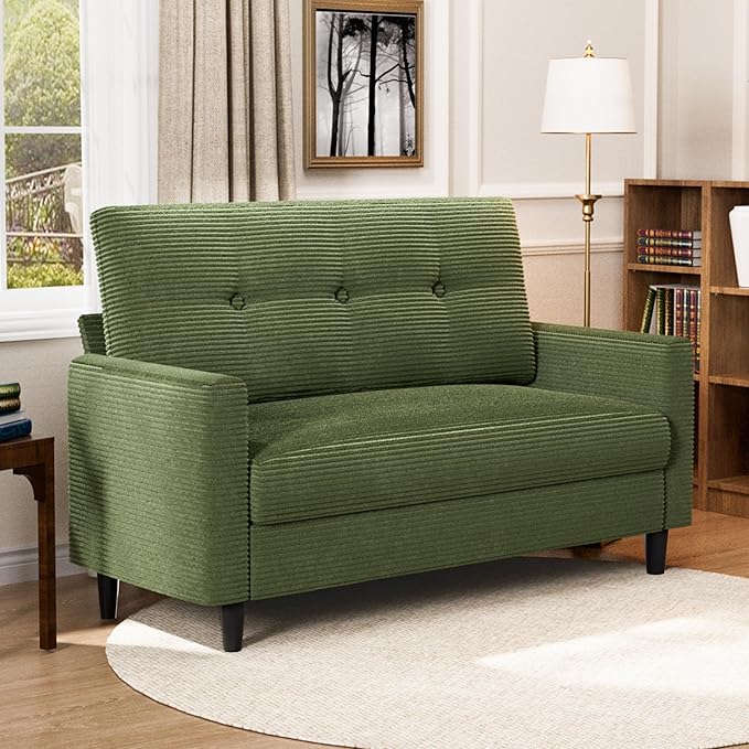 Vipbear 50 Small Loveseat Sofa Small Couch for Living Room Bedroom Office Comfy Love Seat with Deep Seat Spring Cushion Solid Wood Frame Tool-Free Assembly Green Corduroy