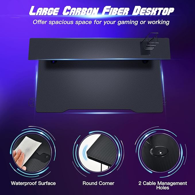 POWERSTONE Ergonomic Computer Gaming Desk Workstation Two Tier Work Writing Table for Home Office with Storage for Monitor Headphone Controller and Speaker Black