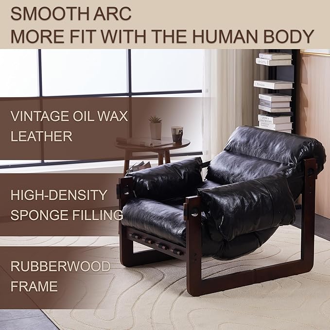 Leather Lounge Chair Mid Century Modern Accent Chair with Oil Wax Upholstery Vintage Cozy Recliner Reading Armchair for Living Room Solid Wood Frame Lounge Seating Black