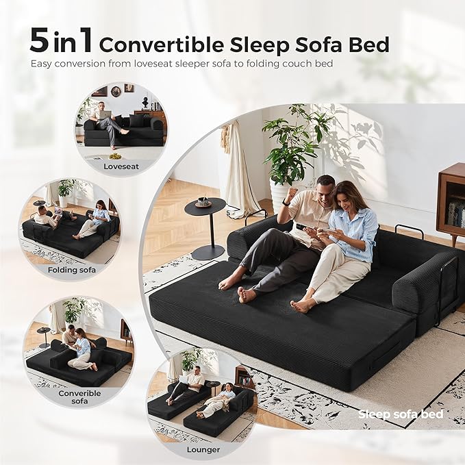 5-in-1 Convertible Sofa Bed No Assembly 79 Fixed Steel Frame Sleeper with High-Resilience Foam Corduroy Modular Couch Foldable for Small Space Apartment Studio (Black)