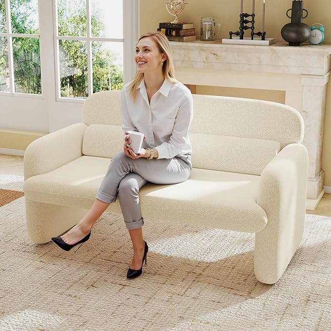 Furnimart Modern Loveseat Sofa 54 2-Seater Boucle Sofa Comfy Upholstered Minimalist Couch Small Couches for Small Spaces Apartment Office Living Room Bedroom Dorm Chenille White
