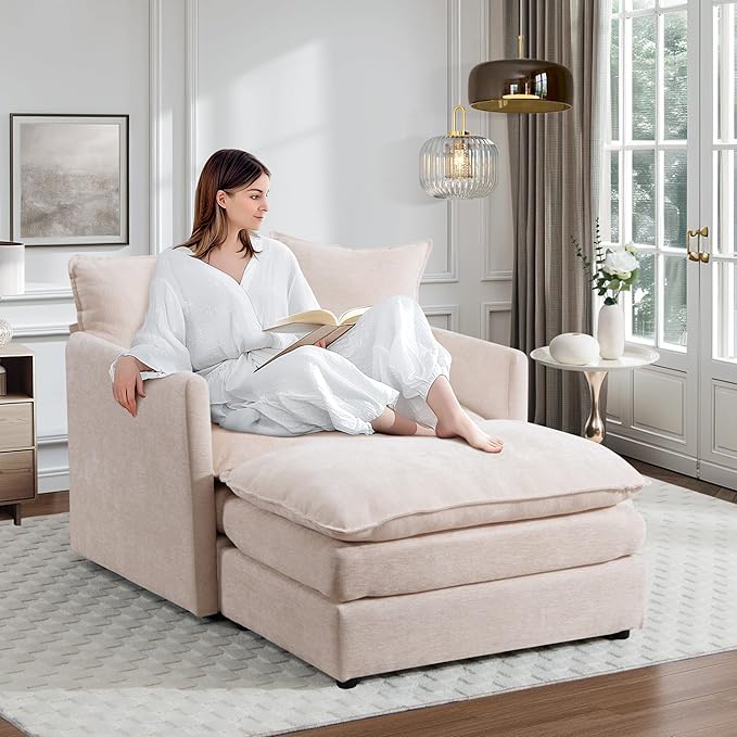 SLEERWAY Oversized Chair with Ottoman Set Modern Comfy Chenille Living Room Large Single Cloud Couch Accent Lounge Chair Indoor and A Half for Bedroom Office Apartment Beige