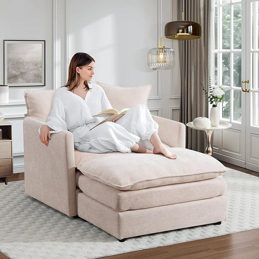 SLEERWAY Oversized Chair with Ottoman Set Modern Comfy Chenille Living Room Large Single Cloud Couch Accent Lounge Chair Indoor and A Half for Bedroom Office Apartment Beige
