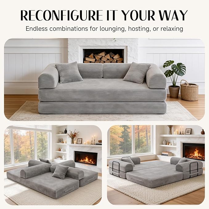 79 Corduroy Sofa Bed Boneless Couch in a Box with 2 Pillows High-Density Foam 4-in-1 Foldable Sleeper Futon Loveseat for Small Spaces No Assembly Side Pockets Light Grey