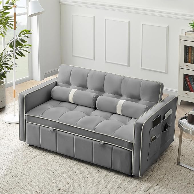 3-in-1 Convertible Sleeper Sofa Bed55.5 Modern Velvet Tufted Pull Out Couch BedFuton Small Love Seat Sofa with Adjustable Backrest&ampCylinder Pillows for Living RoomBedroomApartment(Grey)