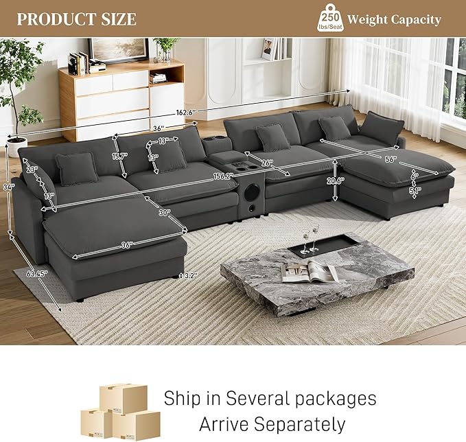 162.6 U Shaped Cloud Couch Modular Sectional Sofa Sectional Couches for Living Room Modern Oversized Velvet Cloud Sofa with Central ConsoleBluetooth SpeakerUSB Ports Grey