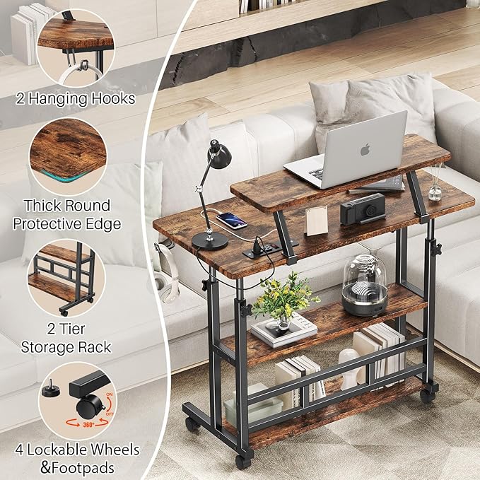 Adjustable Height Standing Desk with Power Outlets Rolling Stand Up Desk with Monitor Stand and Storage Shelves 31.5 Small Mobile Computer Desk Portable Laptop Table (Retro Brown)