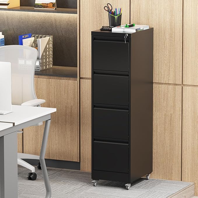 4 Drawer Small File Cabinet with LockUnder Desk Locking Drawers Storage Cabinet Organizer for HomeOffice Filing Cabinets17.71 D*15.16 W*52.28 HBlack