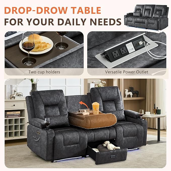 Houjud Wall Hugger Power Recliner Sofa 3-Seater RV Couch Reclining Sofa with LED Lights USB Ports Cup Holders Side Pockets Outlets Drawer for Living Room and Home Theater Velvet Grey