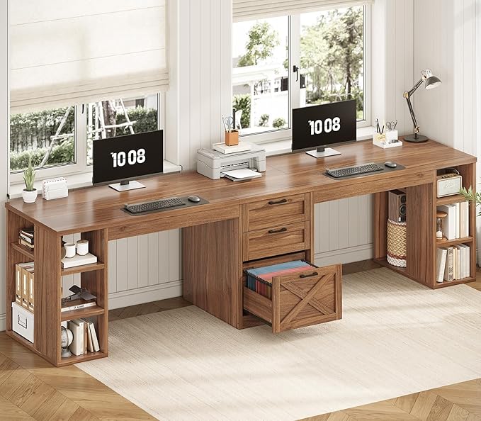 SEDETA Farmhouse 96.5 Computer Desk with Drawers 2 Person Home Office Desk Gaming Double Desk with Storage Shelves Long Two Person Writing Desk Brown