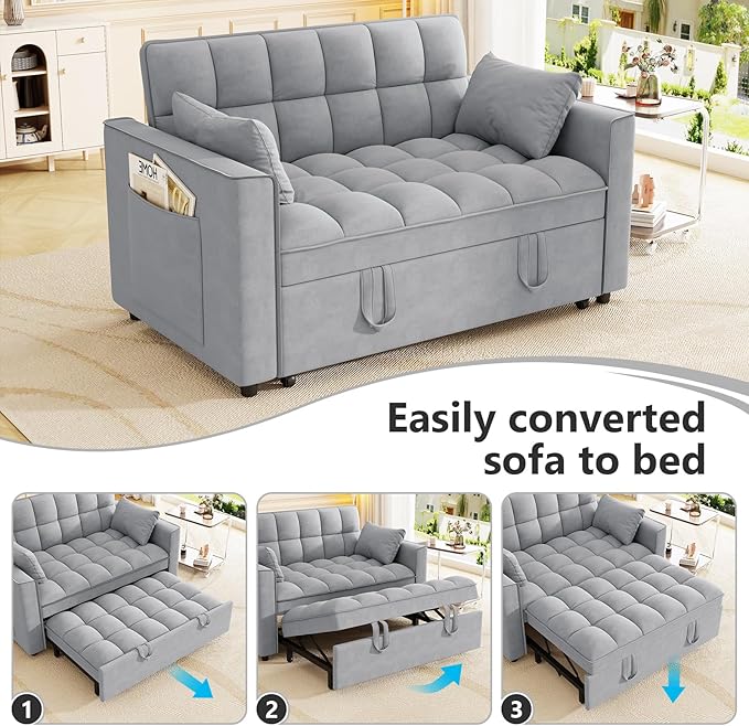 Hison Convertible Sleeper Sofa Bed 3 in 1 Pull Out Couch Bed with Adjustable Backrest Sectional Small Couches for Small Spaces Loveseat for Apartment Living Room (Gray Velvet)