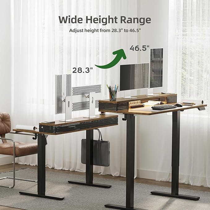 Claiks Electric Standing Desk with Shelf 55 Inch Height Adjustable Standing Desk with LED Lights &amp Monitor Stand Black Frame/Rustic Brown Top