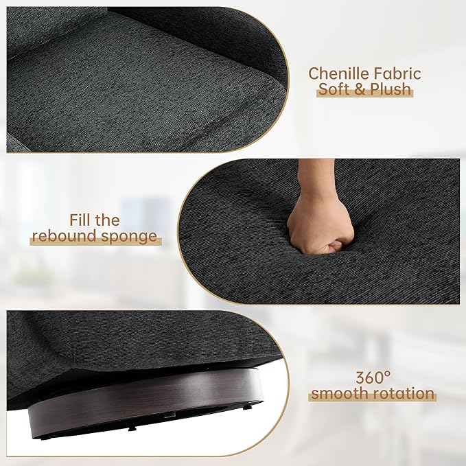 Swivel Accent Chair 360° Swivel Upholstered Barrel Chair for Living Room Comfy Club Armchairs Reading Chair with Curves Back Design Metal Swivel Base Chenille Fabric Dark Gray