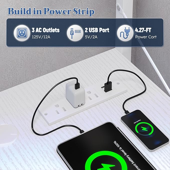 L Shaped Desk Computer Desk with LED Light &amp Power Outlet 53 Inch Reversible L Shaped Gaming Desk with Shelf &amp Storage Bag &amp Hook for Home Office White