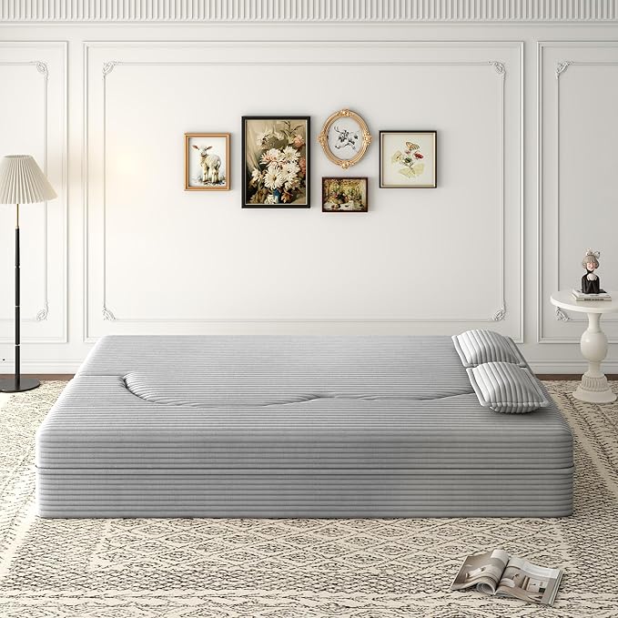 Hommoo Convertible Sleeper Sofa Bed Futon Sofa Folding Mattress Couch Full Size Corduroy 2 in 1 Compression Floor Lounge Couch High Density Foam for Living Room/Guest Room/Apartment Light Grey