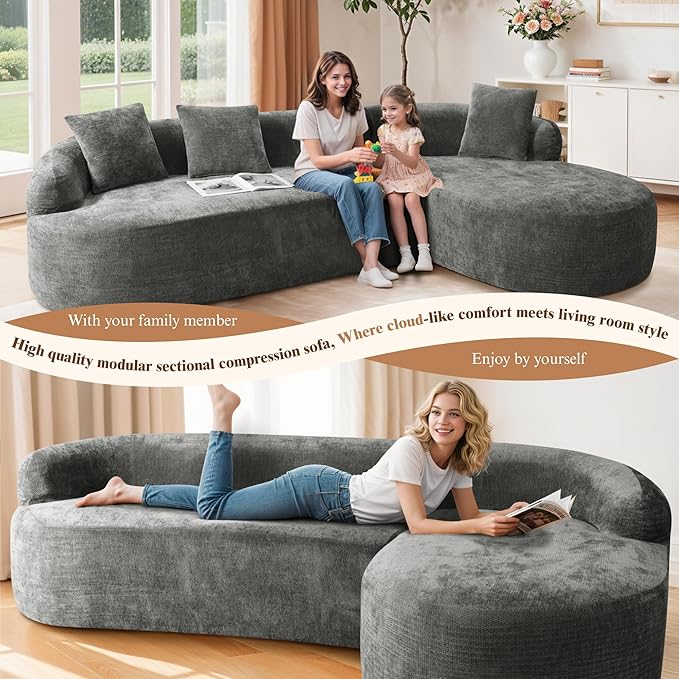 108 Cloud Modular Sectional Couch Modern Boneless Couches with Deep Seat L Shaped Sofa for Living Room No Assembly Required Chenille (Gray Right Chaise+Left Sofa) | No Assembly Needed