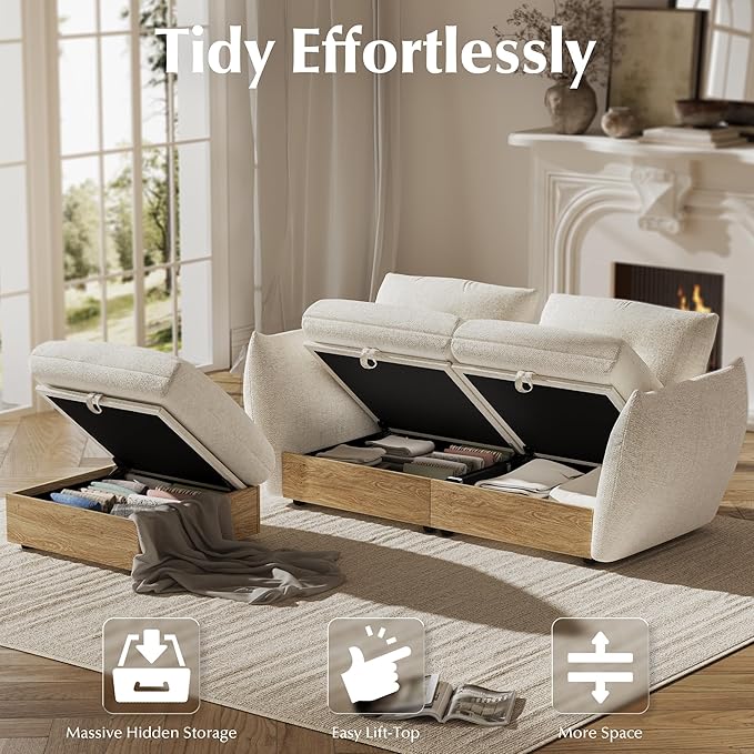 70 L Shaped Sofa Modular Sectional Cloud Couch with Storage Cotton and Linen Fabrics Modern Oversized Deep Seat Sofa with Armrest Pillow Easy Assembly for Living Room Apartment Ivory