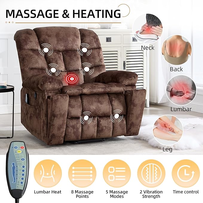 CANMOV Power Lift Recliner Chair for Elderly with Massage and Heat Electric Lift Chair with 2 Side Pockets and Cup Holders USB &amp Type-C for Living Room Brown