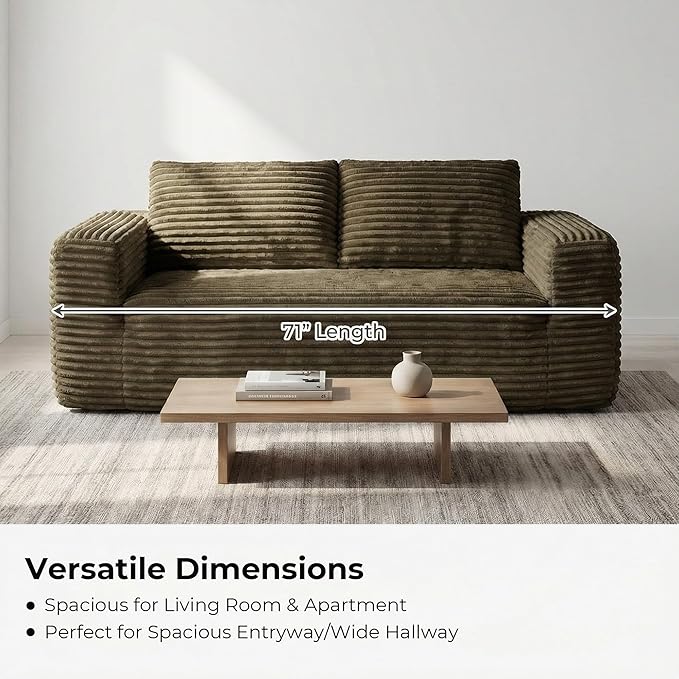 LIKIMIO 71 Loveseat Sofa in a Box - Plush Corduroy Deep Seat Couch No Assembly Required Space-Saving Design for Compact Living Room Apartment Home Office Brown