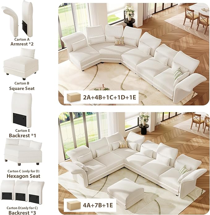 LLappuil Extra Large Hexagon Seat for Modular Sectional Sofa with Hidden Storage Carton C Only Compatible for Carton D Beige Corduroy | Tool Free Assembly Flexible Layouts