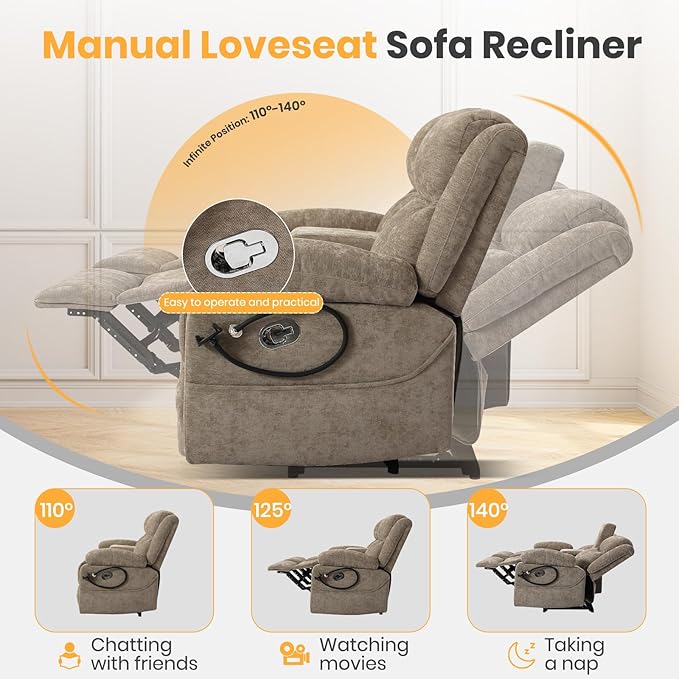Loveseat Recliner Sofa Reclining Loveseat with Console RV Wall Hugger Double Loveseat Recliner Couch for Living Room &amp Home Theater (Chenille-Camel)
