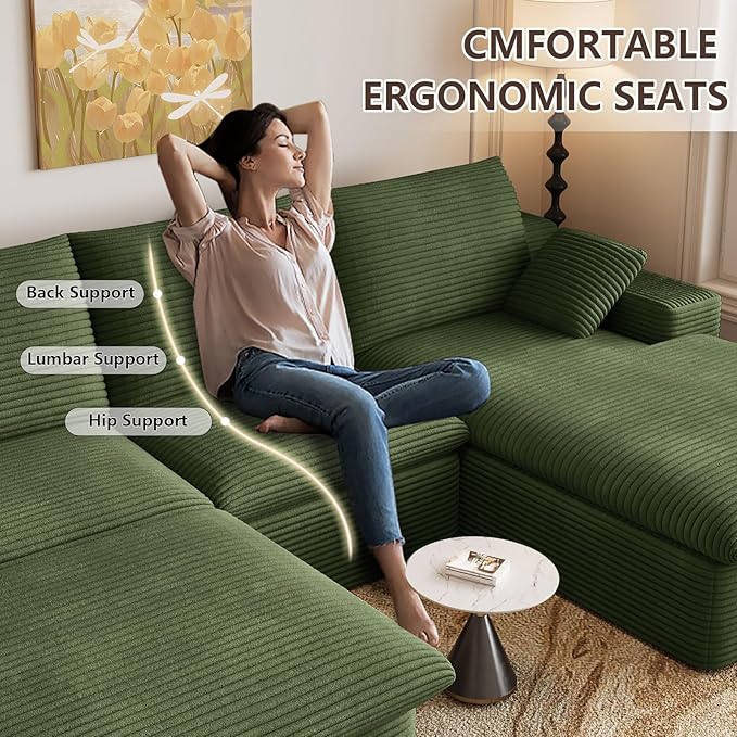 107 Cloud Modular Sectional Sofa with 1 Ottoman Deep Seat Boneless Couch Modern Upholstered Corduroy Couches Comfort U Shaped Sofa for Living Room No Assembly Required(GreenRight Facing Chaise)