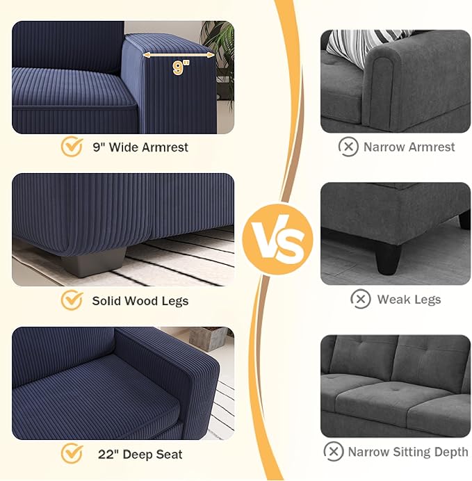 YOUDENOVA 2 Piece Loveseat Sofa Set 86 Couches for Living Room Corduroy Comfy Sofa with Extra Deep Seats Wide Armrest Removable Cover Easy Assembly Blue