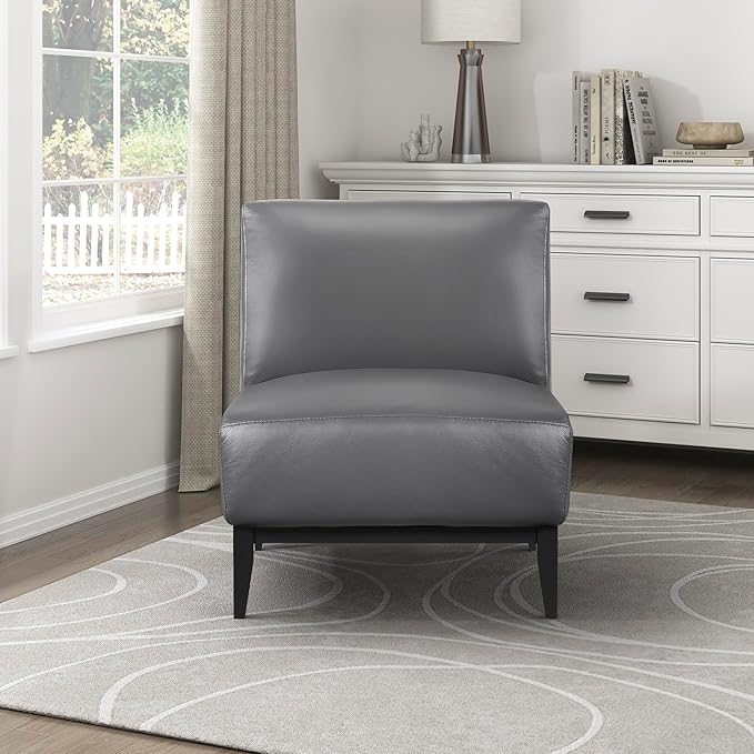 Lexicon Modern Living Room Leather Accent Chair Luxury Genuine 100% Top Grain Leather Upholstered Armless Chair Comfortable Seat Black Solid Wood Legs for Bedroom/Office Easy Assembly Dark Gray