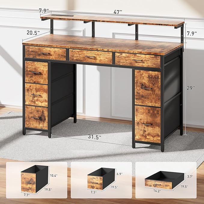 HLDIRECT 47 inch Computer Desk with 8 Storage Drawers Gaming Desk with LED Lights &amp USB Power Outlets Home Office Table with Monitor Stand Study Writing Work Table for Bedroom Rustic Brown