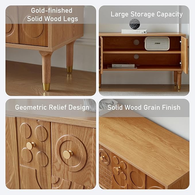 Modern TV Stand for 80 inch TV 70.9 Entertainment Center with Carved Geometric Doors TV Console with 4 Cabinet Storage Retro Art-Inspired Media Console for Living Room/Bedroom - Wood