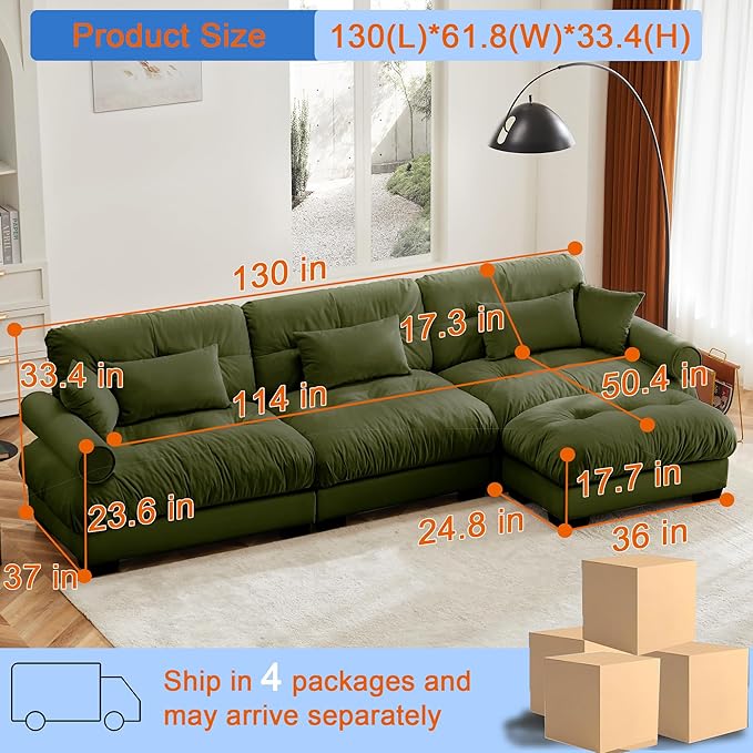 L Shaped Sectional Couch130 Modular Cloud Sectional Sofa with OttomanUpholstered Modular Sofa L Shaped Couch for Living Room (Olive Green)