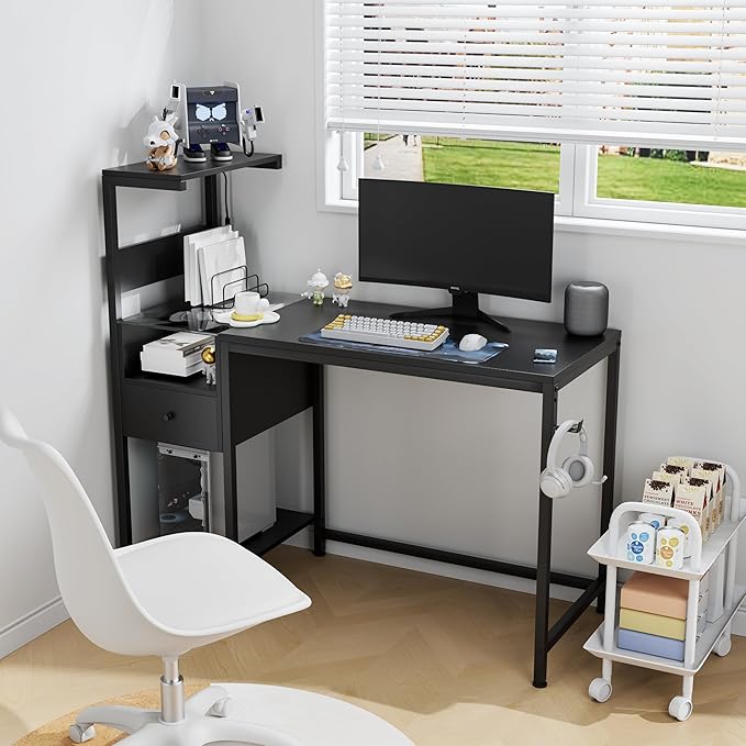 Computer Desk with Power Outlet &amp Storage Shelves Study Writing Table with USB Ports Charging Station PC Desk Workstation for Home Office Black