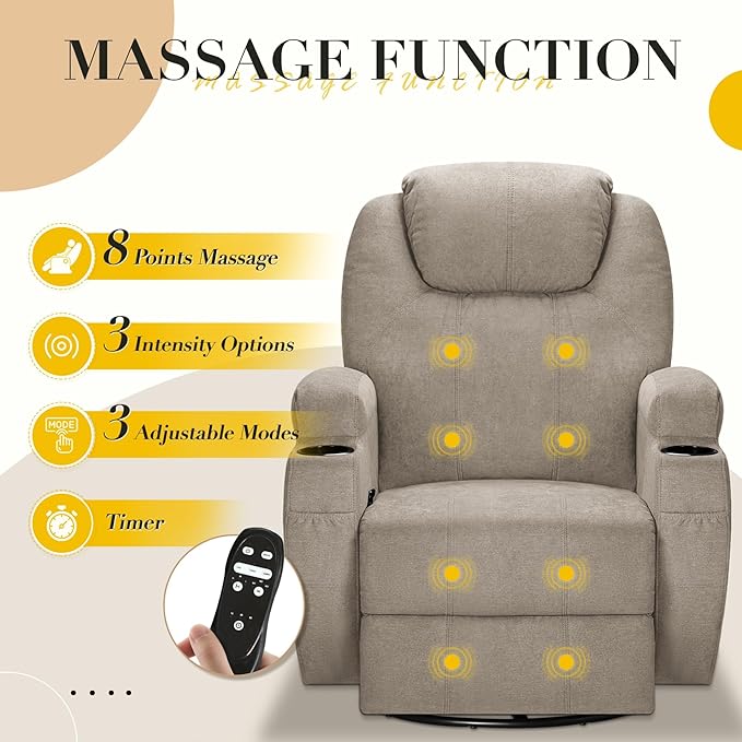 Recliner Chair 360° Swivel Rocker Chair for Adults Rocking Recliner Chair with Massage Comfy Single Sofa with Side Pockets Cup Holders for Living Room Bedroom Nursery (Fabric Khaki)