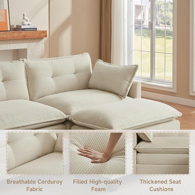 Modular Sectional Sofa 76.5 L-Shaped Corduroy Comfy Sectional Couches for Living Room 2-Seater Cloud Couches with 1 Movable Ottoman Flexible Combination Modern Deep Seat Sofa (Beige)