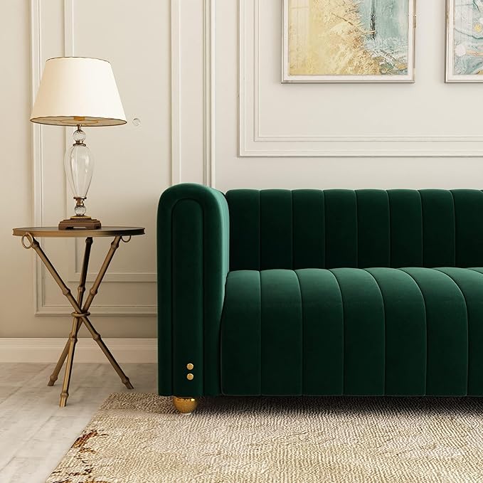 81 Green Velvet Sofa Mid Century Modern Couch for 3 Person Chesterfield Tufted Velvet Couches for Living Room Apartment Bedroom Office