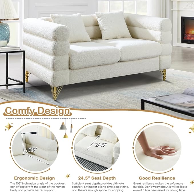 KINFFICT 2 Piece Living Room Sofa Set Comfy Boucle Couch with Loveseat and 3 Seater Upholstered Sofa Couch with 2 Pillows and Deep Seat Design for Office Waiting Room White Teddy