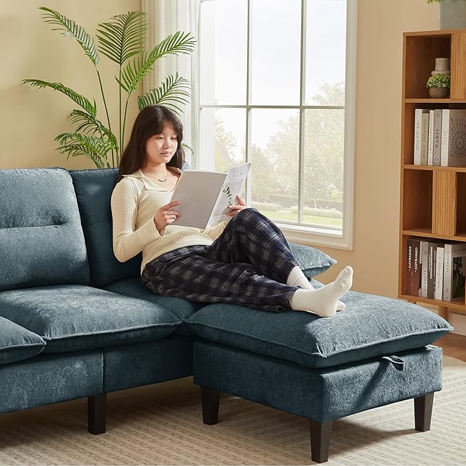 86'' Chenille Sofa with Storage Ottoman Modern Living Room Sofa with Removable Washable Cushion 3 Seater Comfy Couch for Apartment Bedroom Office (Dark Grey)