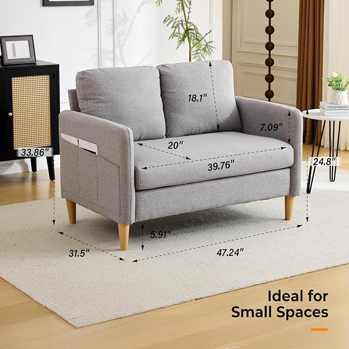 VINGLI 47 Small Couch Linen Loveseat Sofa Light Grey Mini Couch Mid Century Modern Decor Love Seat for Small Spaces Living Room Bedroom Play Room
