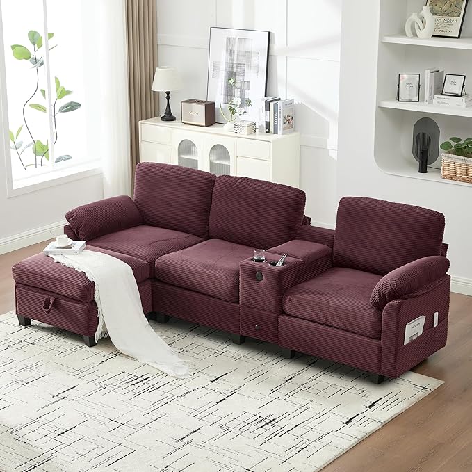 KEIKI 105 L-Shaped Oversized Corduroy Modular Sectional Sofa with 1 Ottoman and Multi Functional Console 4-Seater Upholstered Couch with USB and 2 Cup Holder Easy Assembly for Living Room Red