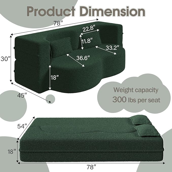 78 Convertible Sofa Bed 2-in-1 Folding Floor Couch with 2 Pillows Sleeper Sofa for Living Room and Bedroom No Assembly Required (Green Teddy Fabric)