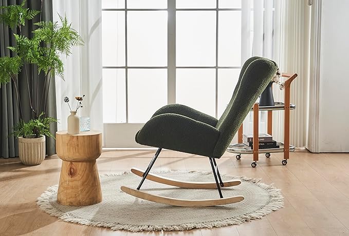 Generic Rocking Chair Nursery Solid Wood Legs Reading Chair with Fabric Upholstered Nap Armchair for Living Rooms Bedrooms Offices Best GiftGreen Fabric