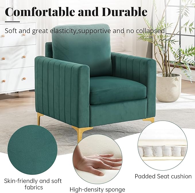 Modern Velvet Accent Chair for Living Room &amp Bedroom Comfy Reading Armchair with Gold Metal Legs (1 Green)
