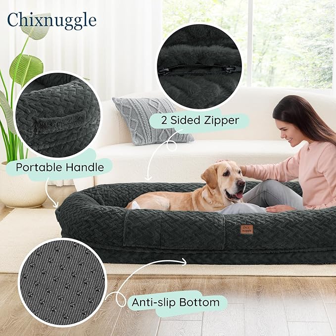 Human Dog Bed for Adult - Luxury Faux Fur Giant Size Dog Bed with Portable Handle Egg Orthopedic Foam with Blanket 72x40x10 Dark Grey