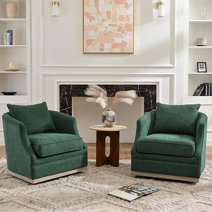 KINWELL 31 Wide Linen Fabric Swivel Barrel Chair Set of 2 FSC Certified Upholstered Swivel Armchair with Pillow Back for Living Room Bedroom Fully Assembled (Green)