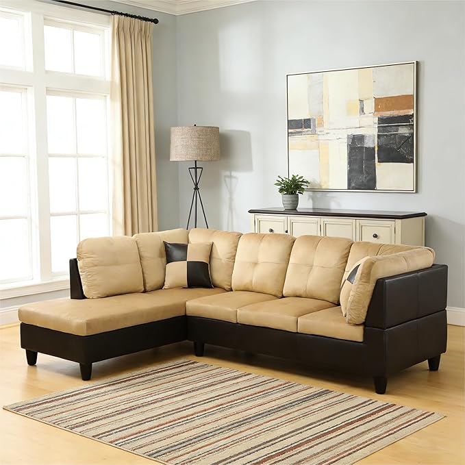 103.5 Inch Modern L-Shaped Couch Flannel Sectional Sofa with Chaise Lounge 4-Seater Couch with Accent Pillows for Living Room Apartment Beige and Brown