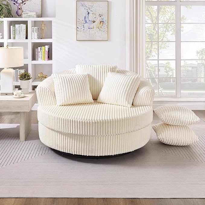 360° Swivel Accent Barrel Chair Corduroy Comfy Round Swivel Chair with Mental Base &amp Pillows Modern Lounge Reading Armchair Upholstered Plush Sofa Chairs for Living Room Bedroom Apartment(Bei